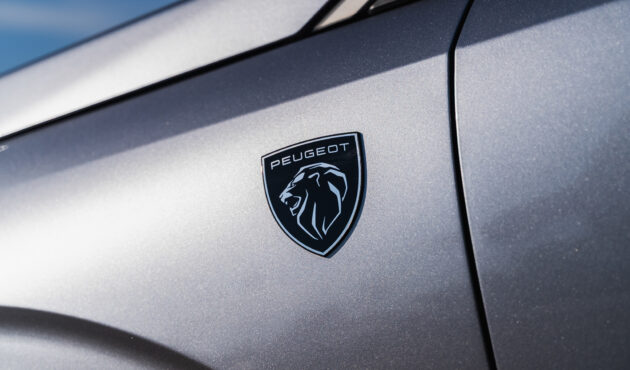 Nowy herb z głową lwa Peugeot na bocznym nadkolu srebrnego SUV-a Peugeot 5008 dostępnego w Waro Bielsko-Biała.